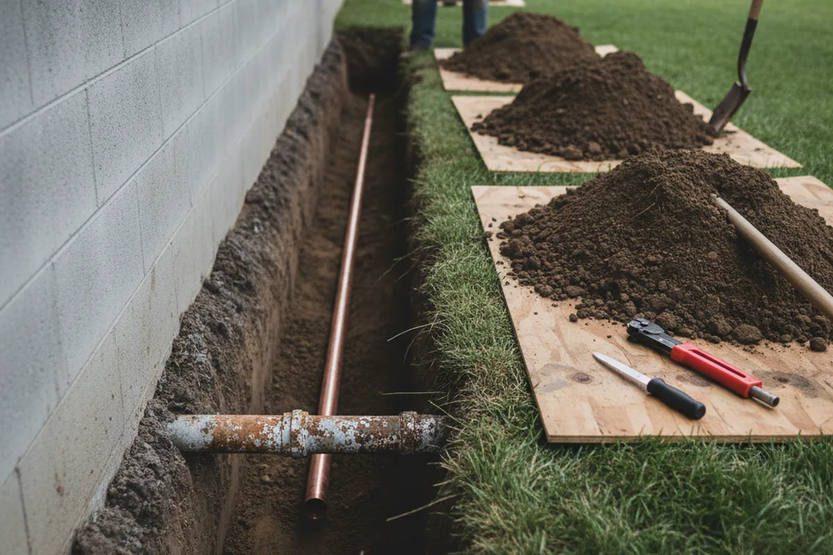 Excavated water line trench during Water Softener Installation in Gratiot